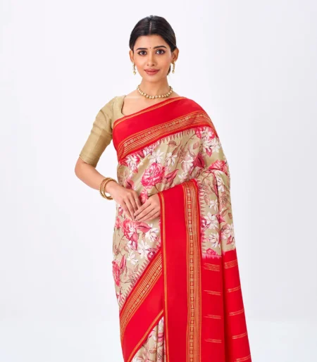 Beige Handloom Silk Saree With Printed Floral Motifs & Red Border