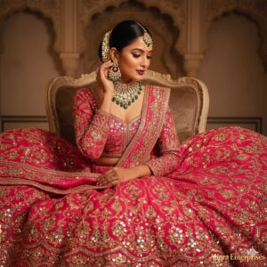 Hot Pink Rani Pink lehenga choli set with heavy gold zari and shisha mirror work worn by a model in a traditional seated pose. Styled with an elaborate Polki and emerald choker necklace, jhumkas, maang tikka, and gajra-adorned bun.