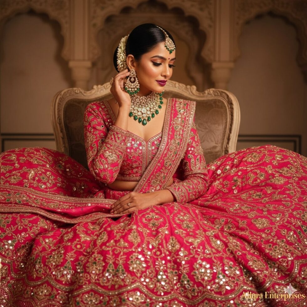 Hot Pink Rani Pink lehenga choli set with heavy gold zari and shisha mirror work worn by a model in a traditional seated pose. Styled with an elaborate Polki and emerald choker necklace, jhumkas, maang tikka, and gajra-adorned bun.