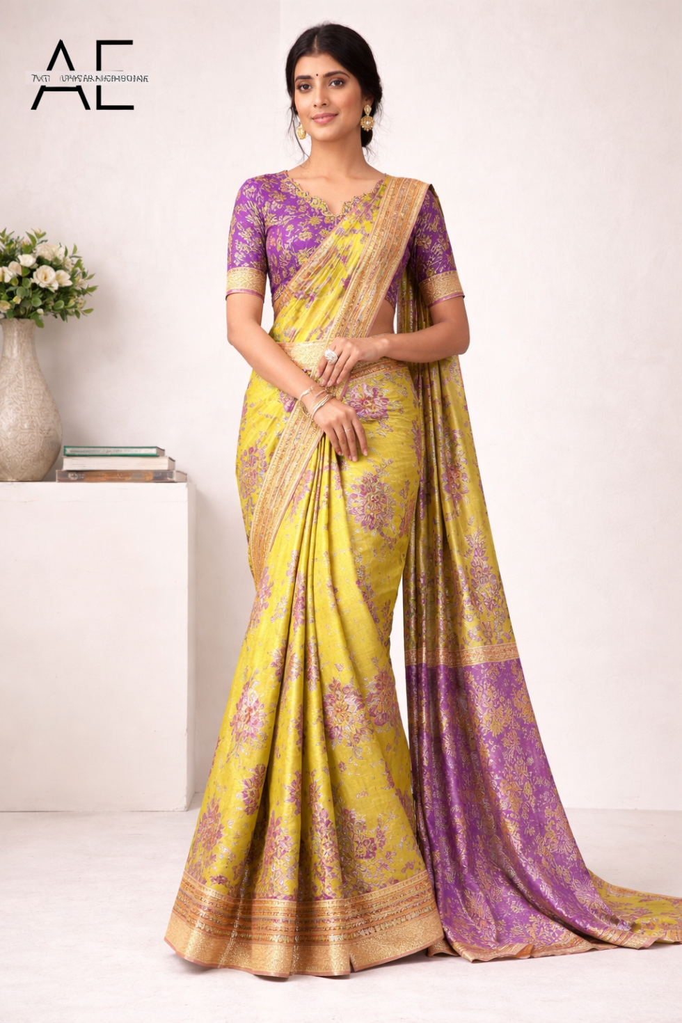 Lime Green & Purple Ready to Wear Saree