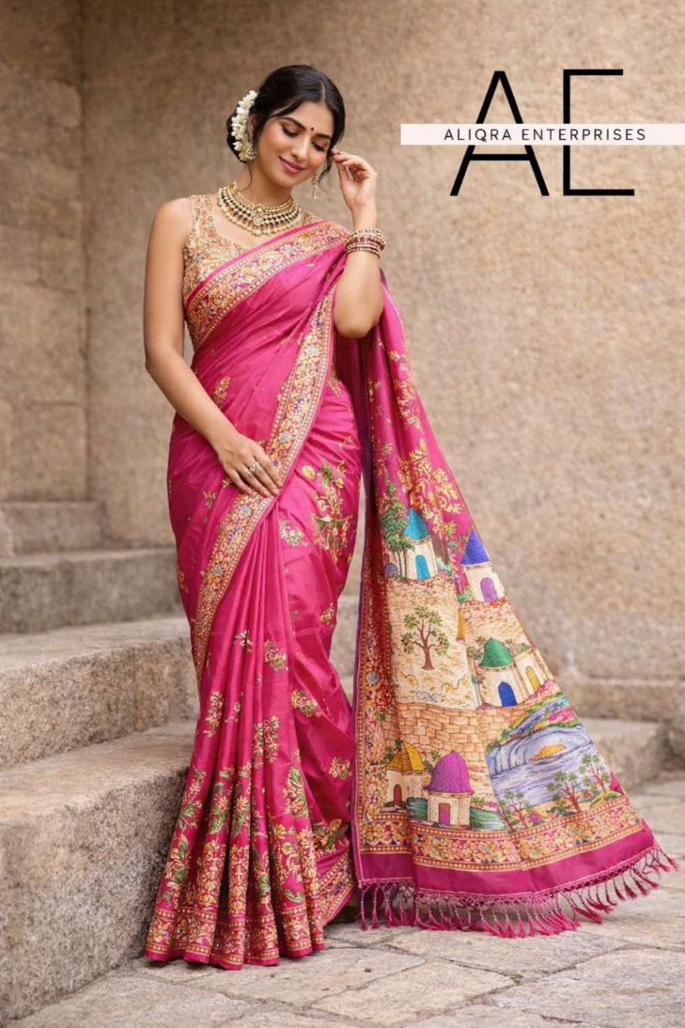 Pink art silk saree with heritage village pallu design by Aliqra Enterprises