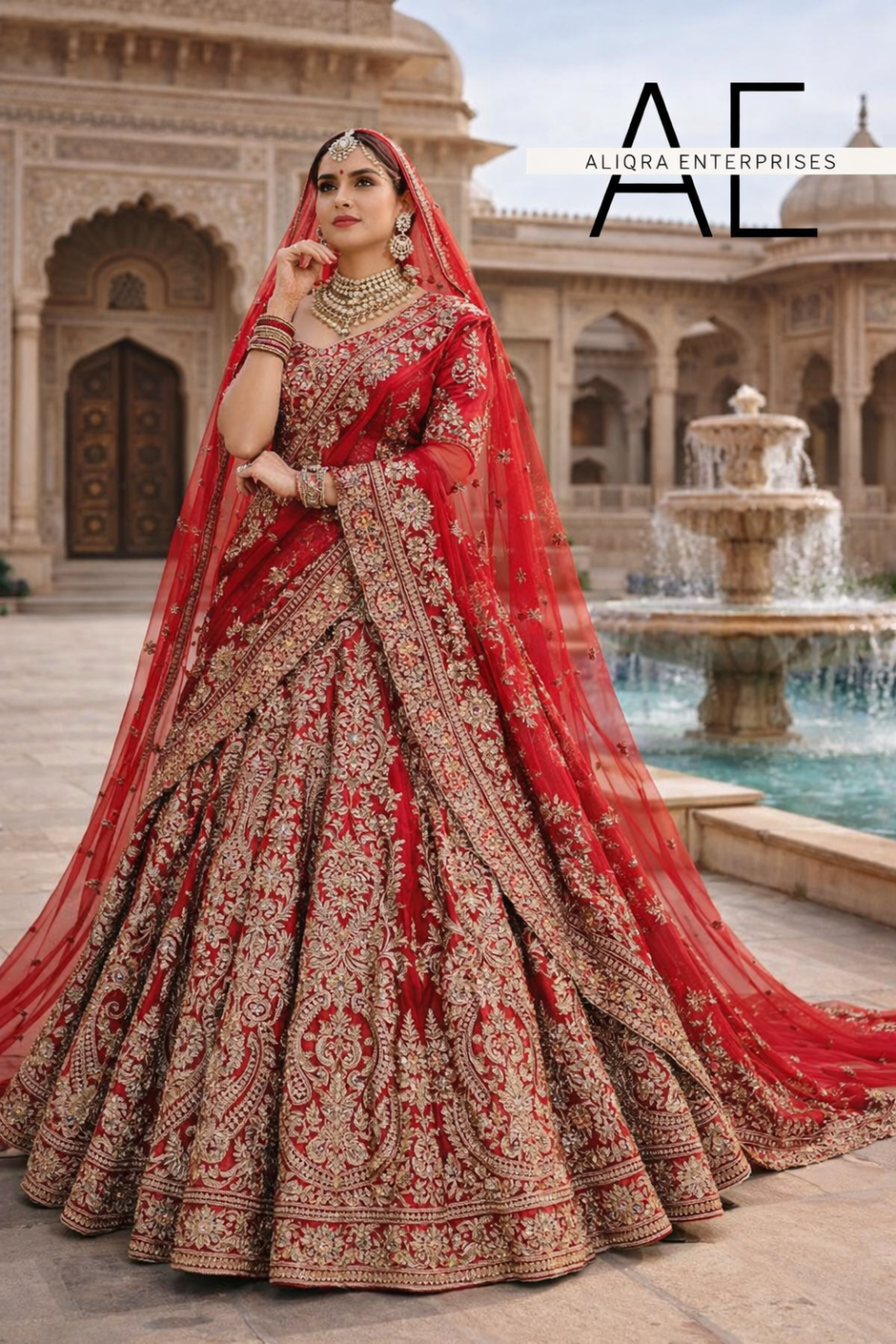 Royal red bridal lehenga with heavy zari embroidery by Aliqra Enterprises