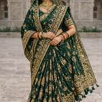 Model wearing emerald green Gujarati bridal saree with antique gold zari embroidery, traditional drape, heavy border and pallu by Aliqra Enterprises
