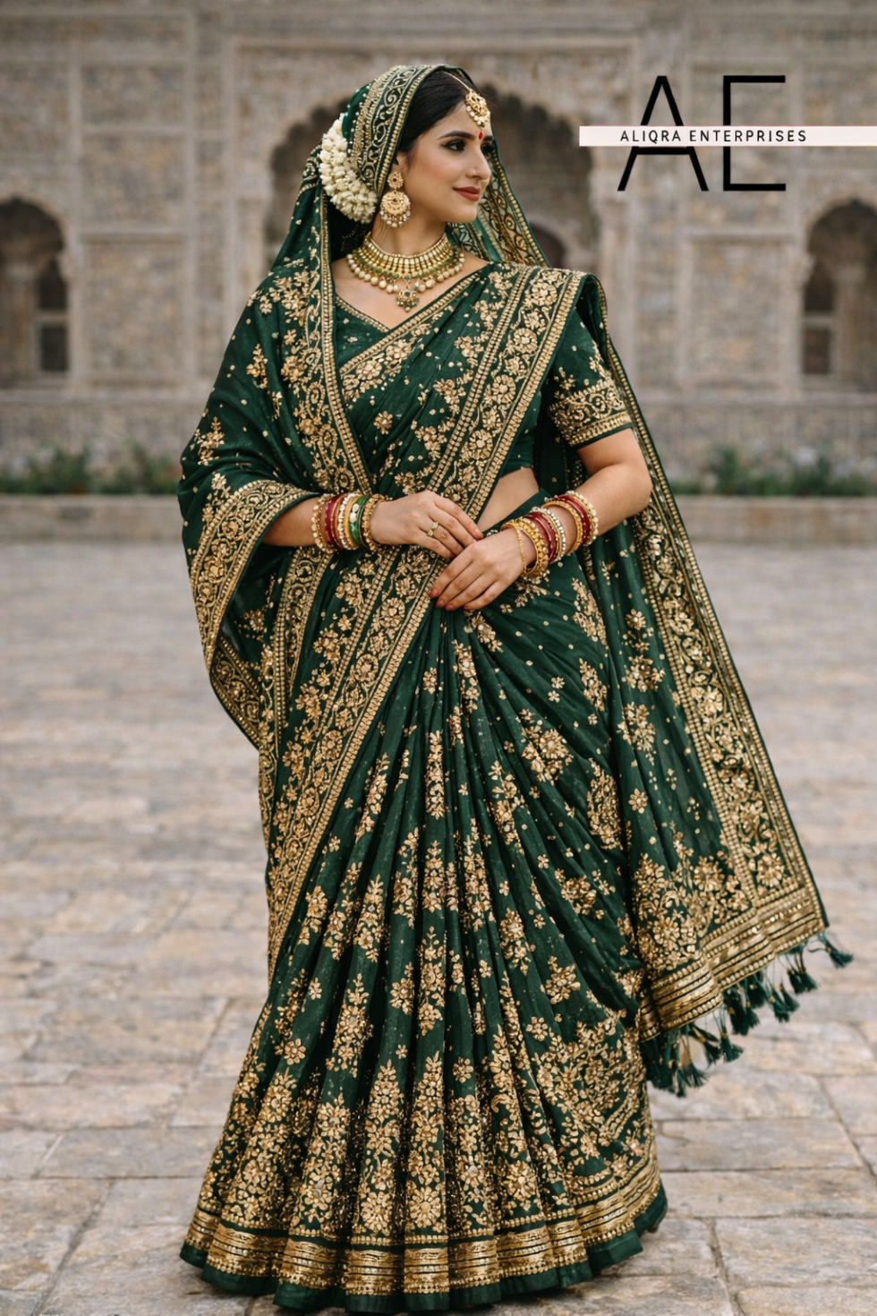 Model wearing emerald green Gujarati bridal saree with antique gold zari embroidery, traditional drape, heavy border and pallu by Aliqra Enterprises