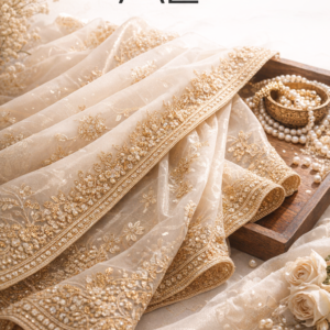 Luxury full length champagne gold embroidered net dupatta with zari and pearl work by Aliqra Enterprises