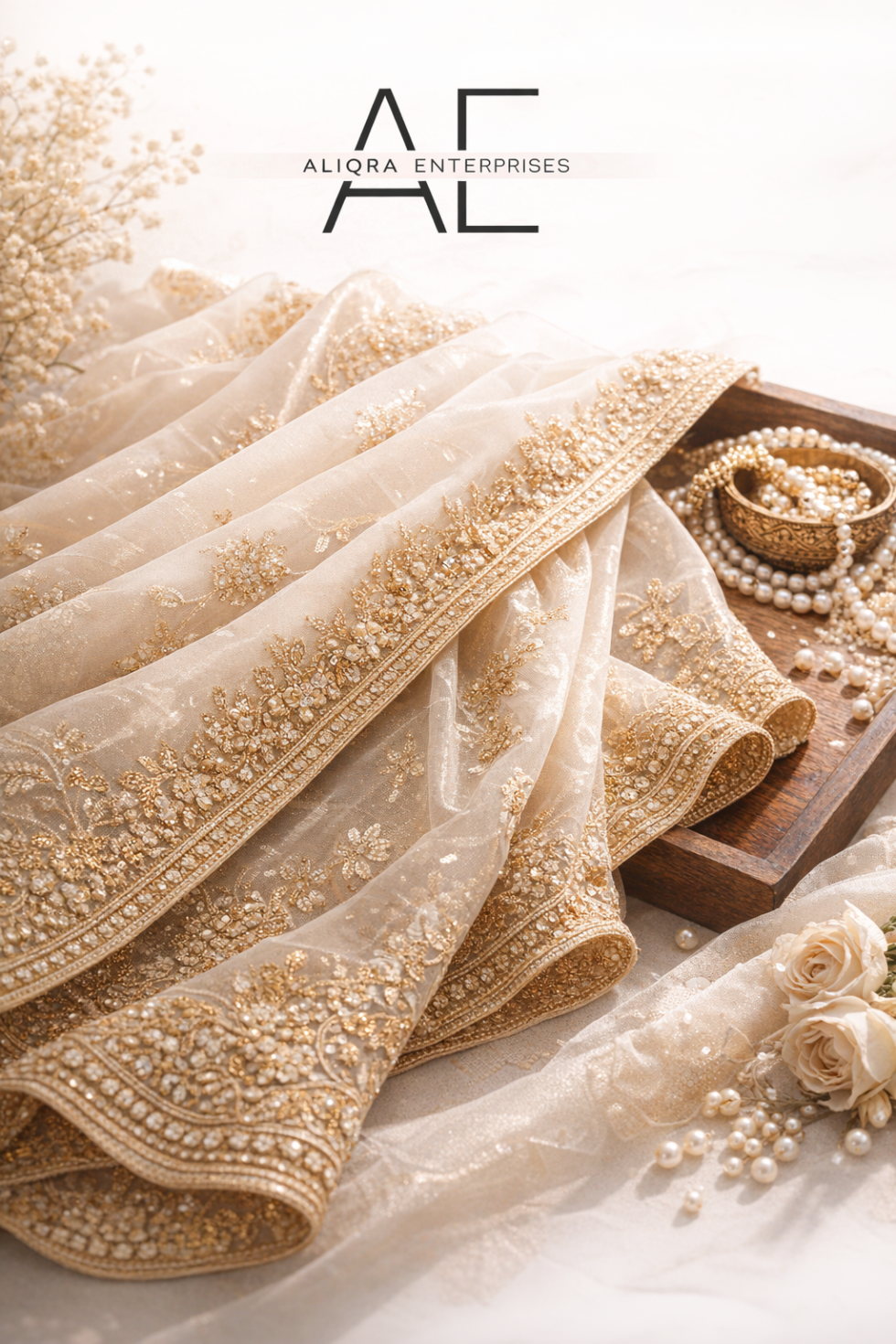 Luxury full length champagne gold embroidered net dupatta with zari and pearl work by Aliqra Enterprises
